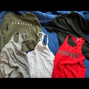 Gymshark Onyx Shirt, Gymshark Crewneck, 3 gymshark stringers